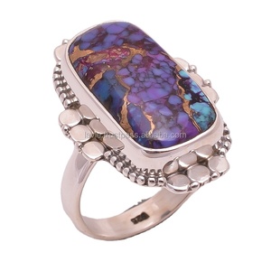 Bague en argent sterling 925 avec serti clos, pierre précieuse turquoise cuivrée violette, style antique, bijoux fins - Product Image 1