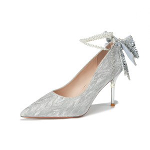 6681Y-012 Zapatos de Novia con Tacón de Aguja y Punta Puntiaguda, Correa de Tobillo con Perlas, Decoración de Lazo con Brillo Plateado, Forro de Satén - Product Image 5