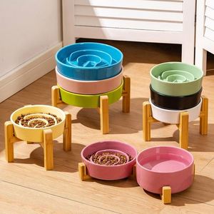 Bol en céramique durable pour chat et chien avec cadre en bois, anti-étouffement, anti-choc, pour aliments lents, bol à eau stocké pour petits animaux de compagnie - Product Image 4