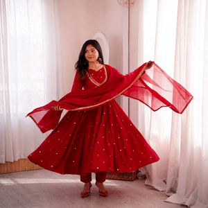 <b>Red</b> Floor-Length Roman <b>Silk</b> Anarkali Suit Set Dupatta Gold Embroidered Real Mirror Indian Pakistani Ethnic Wedding Wear Quick - Product Image 1