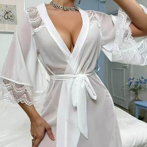 Camisón transparente de encaje con patchwork al por mayor, sexy, de gasa y malla, largo, para dormir - Product Image 3