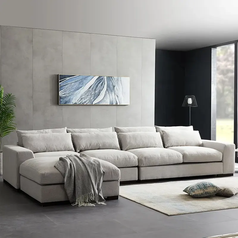 Reversible Corner Sectional Sofa with Ottoman, White Feathers Linen Fabric