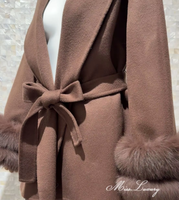 Manteau en laine double face marron avec manchette en fourrure de renard amovible, ceinture, manteau en laine chaud pour l'hiver, veste personnalisée pour femme