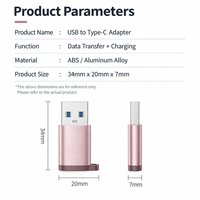 Adaptor USB ke USB-C Warna Pink, USB 3.0 5Gbps, Aluminium, Female ke USB-A Male, untuk Laptop, Ponsel, PC