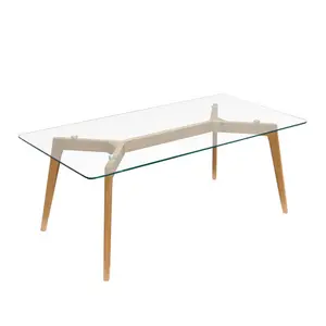 Tavolino in vetro con piano da tavolo in vetro temperato trasparente e gambe in legno massello per soggiorno