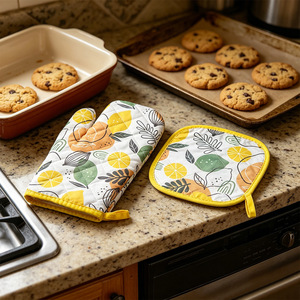 Lemon Pattern Oven Mitt And Pot Holder Set <b>Heat</b> Insulating Kitchen Cooking Gloves And <b>Pad</b> For <b>Microwave</b> Oven Use - Product Image 2