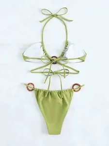 Traje de Baño de Dos Piezas para Mujer, con Tirantes Geométricos Triangulares, Cintura Alta, Recortes, Encaje, Malla Transparente, Ropa Deportiva Sexy Micro - Product Image 5