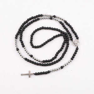 하이 퀄리티 4mm 천연 스톤 타이거 아이 오닉스 페르시 스테인레스 스틸 크로스 펜던트 묵주 목걸이 남성용 JNK9391 - Product Image 5