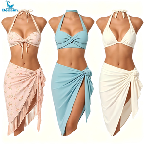 Custom Swimwear Beachwear Trendy <strong>Sarong</strong> Pareo <strong>Bikini</strong> 3 Pieces One Shoulder Swimsuit Tulle Fabric <strong>Sarong</strong> - Product Image 2