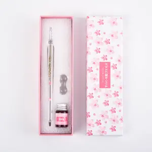 Juego de pluma de vidrio para manualidades, pluma en blanco con flores secas, pluma de tinta para fuente de vidrio con sakura, caja de regalo, Japón