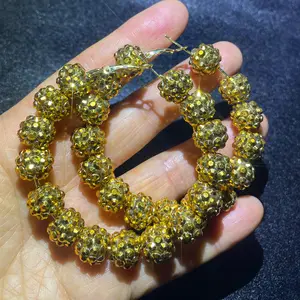 Kaimei 2022 Fashion Golden Ball Hoop Earrings Geometric Crystal Rhinestones Earrings for Women Statement Jewelry Hoop Earrings