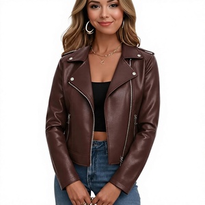 เสื้อแจ็คเก็ตหนังเทียมผู้หญิงแบบสั้น ซิปหน้า สไตล์ลำลอง แบบ Biker ขายส่ง OEM - Product Image 1