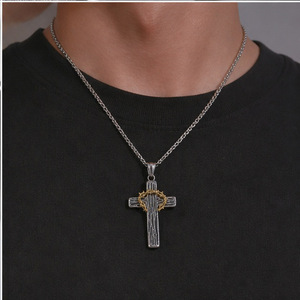 yunnique Stainless Steel <b>Cross</b> Pendant Necklace With Gold Crown Detail Unisex Fashion Jewelry - Product Image 3
