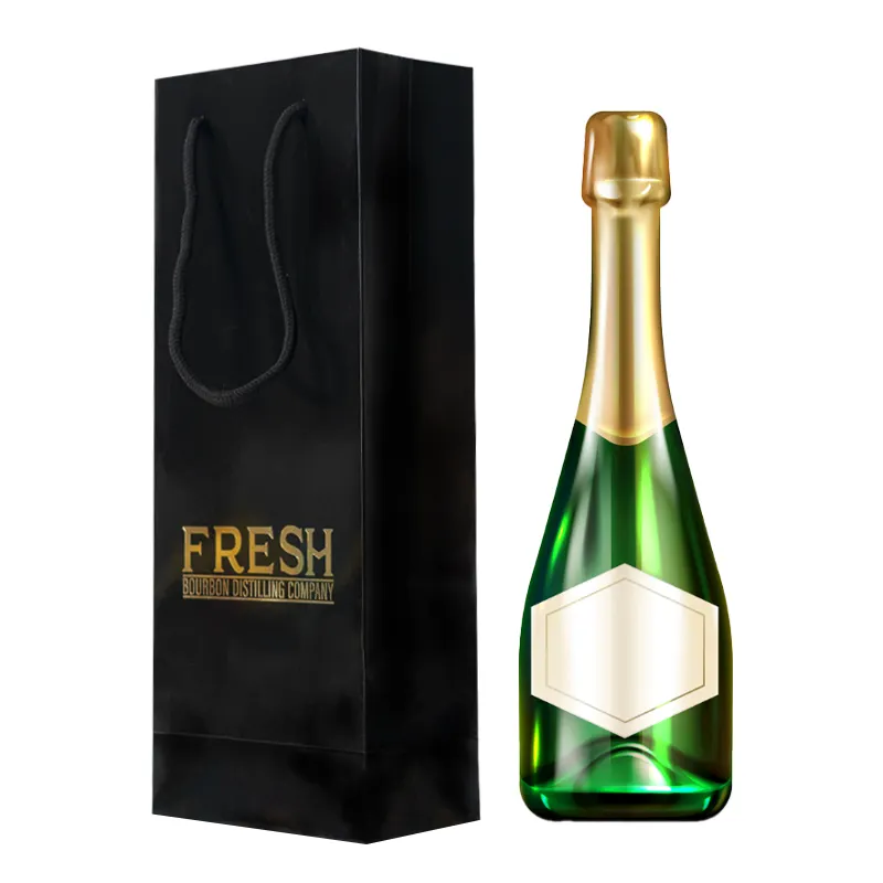 Bolsa de papel de vino con logotipo de lámina de oro personalizada, bolsas para botellas de vino individuales con asa de cuerda de algodón