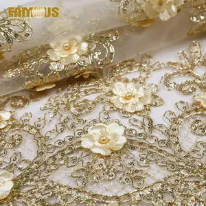 Venta al por mayor tela de encaje de malla-Tela de encaje con bordado de lentejuelas para vestido de novia africano, malla dorada con cordón, novedad de 2022