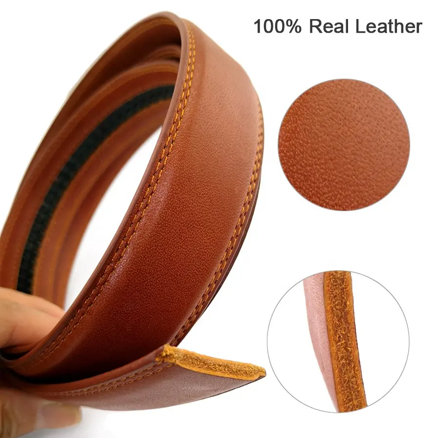 Brown Full Grain Replacement Custom Pure Cowhide Men Automatic Ratchet Slide Adjustable Belt Strap Genuine Leather