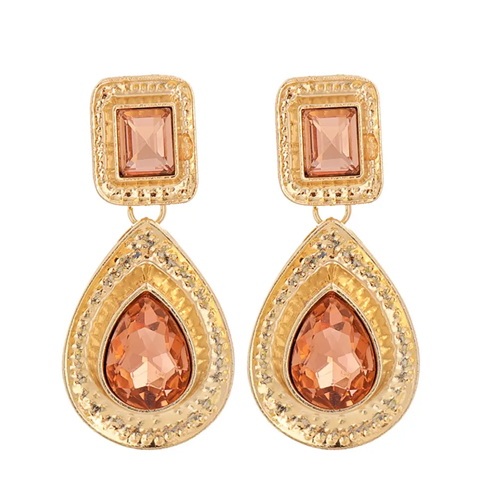 Hot sale retro new water drop shape earrings Green pink red crystal emerald Metal heart earrings for women jewelry 2023