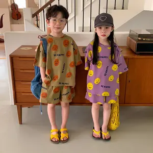 儿童套装2023夏季男童女童休闲批发韩版笑脸印花哥哥姐姐穿时尚童装