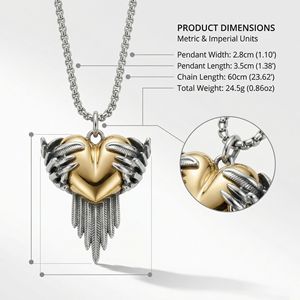 Collar con colgante de alas de ángel en forma de corazón con manos plateadas y dije de corazón dorado para regalo de pareja, joyería de moda. - Product Image 2