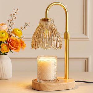 Lampe chauffe-cire en verre en forme de larme avec bras métallique incurvé réglable en hauteur et base ronde en bois massif, pour crème française, décoration intérieure et cadeau - Product Image 1