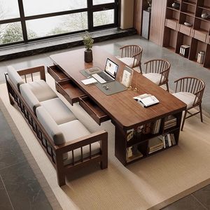 <b>Solid</b> <b>Wood</b> Integrated <b>Desk</b> With Storage Drawers And Bookshelf For Home Office Study Room Use - Product Image 1