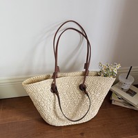Grand sac fourre-tout en paille tressée grande capacité, sac à bandoulière d'été pour la plage avec poignée en cuir PU pour femme, sac de voyage et de vacances