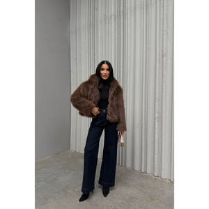 Abrigo corto de piel de zorro teñido de marrón con capucha, parka de lana con cierre de cremallera, chaqueta tejida con relleno de algodón color camel, blazer con botones y estampado. - Product Image 2