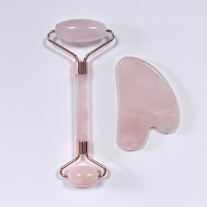 100% Natural Pink Rose Quartz Stone Facial <b>Massage</b> Set with Dual-Ended Roller and Gua Sha Board Beauty <b>Tool</b> Kit - Product Image 1