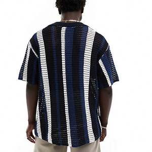 Malla Tejida Personalizada para Camiseta, Hilo de Ganchillo Teñido a Rayas, Manga Corta, Holgada, Antiarrugas, Tres Colores, Ropa Urbana - Product Image 2