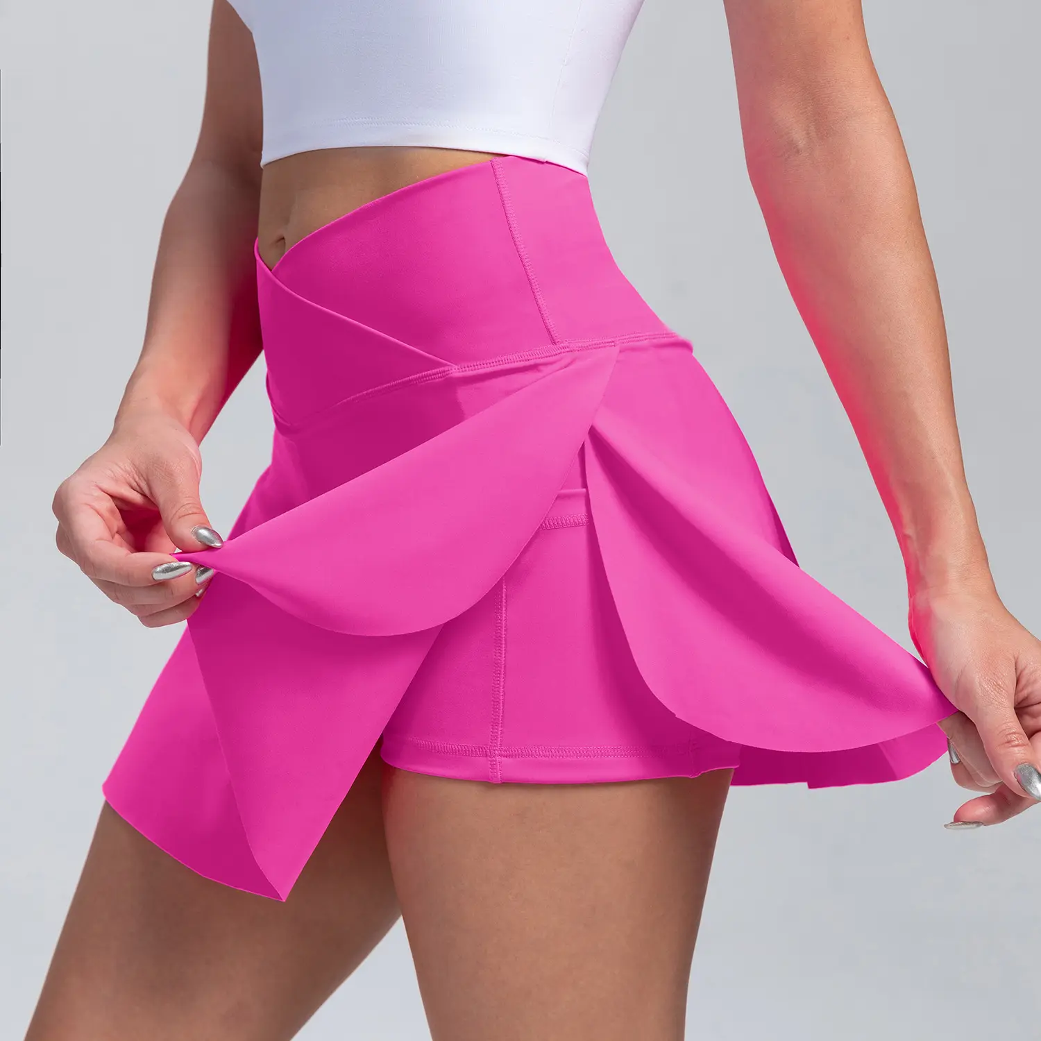 Hot Girls Summer Women Sexy Fashion Knitted Pink Warp Mini Faldas de cintura cruzada Ladies nylon nude Faldas