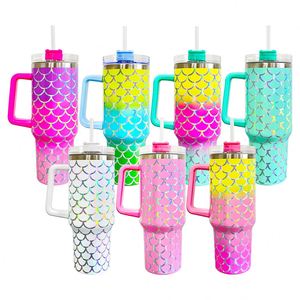 40oz Holographic Mermaid Fish Scales Pattern Ombre Color Tumbler Water <b>Bottle</b> with Handle and Straw for <b>Coffee</b> Cold Drinks - Product Image 2