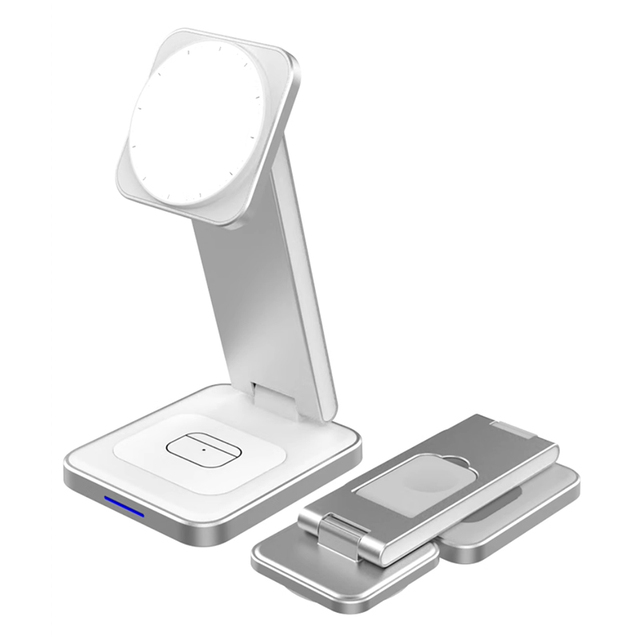 New Arrival 3-in-1 15W Magnetic Fast Charger Dock for Mobile Phone & Smart Watch with Holder Alloy Foldable