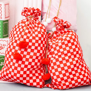 Grand sac cadeau rouge à monogramme et <span class=keywords><strong>pompon</strong></span>, motif écossais doré, avec cordon de serrage, pour enfants, sacs du Père Noël, sacs à bonbons du Père Noël vierges - Product Image 5