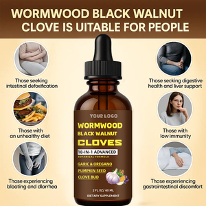Gouttes liquides nettoyantes naturelles contre les parasites, à base d'armoise, <span class=keywords><strong>de</strong></span> noix noires <span class=keywords><strong>et</strong></span> <span class=keywords><strong>de</strong></span> clous <span class=keywords><strong>de</strong></span> <span class=keywords><strong>girofle</strong></span>, liquide oral antioxydant 60ml, soutien digestif intestinal - Product Image 2
