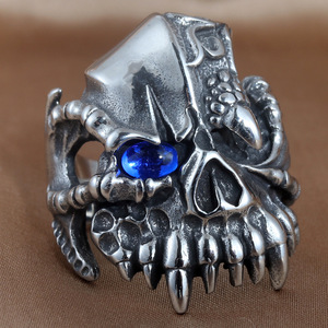 Skull <b>Ring</b> Men's Punk Stainless Steel Blue Gemstone Geometric Design Gift Jewelry 213033 - Product Image 1