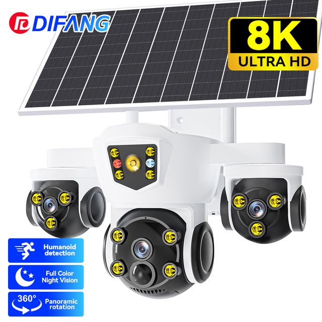 Solar Powered Three Lens Security Camera Night Vision PIR WiFi Outdoor Use 1080P CMOS Sensor 4G PTZ CCTV Camera Cloud