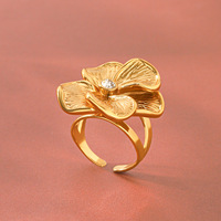Anillo Pansy para Mujer, Oro, Texturizado, con Flor, Banda Dividida Ajustable, Martillado, Orgánico, Sólido, Brillante, Joyería Fina, Regalo