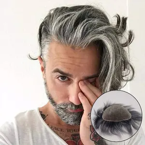 Usine en stock 100% vrais cheveux humains indiens remy 1B50 couleur grise pleine base de dentelle hommes raides cheveux longs système de postiche toupet