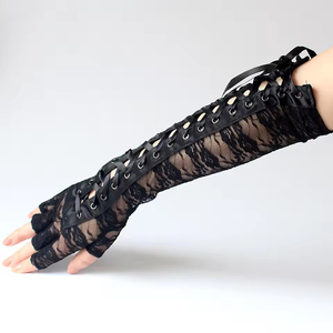 Mitaines sans doigts en résille pour femmes, style gothique Lolita, avec rubans, sexy, en dentelle, longues, pour cosplay, mi-doigts, jusqu'au coude - Product Image 5