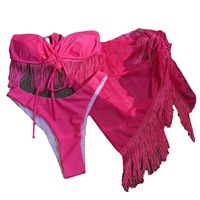 Bandeau Strapless Bikini 3-delige Set Voor Dames Met Doorschijnende Mesh Cover-Up Halter Top Ademende Badkleding