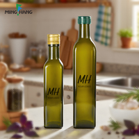 Bouteille en verre Marasca carrée verte en gros, 100 ml, 250 ml, 500 ml, 750 ml, 1 L, pour huile d'olive et huile de cuisson, avec couvercle