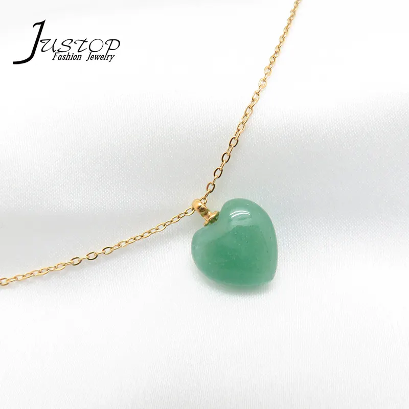 Stainless Steel Jewelry Chain Natural Stone Heart Design Green Jade Necklace