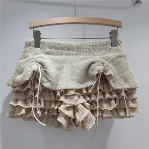 Shorts pour femmes Viviblook Z0120PT, nouveaux shorts décontractés en peluche avec bord festonné, dentelle patchwork, cordon de serrage, taille élastique, lacets - Product Image 2