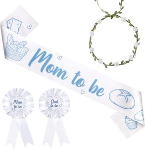 Ensemble de rubans et épingles pour baby shower sur le thème de <span class=keywords><strong>la</strong></span> pâtisserie, motif 'Bun in the Oven', bleu, dessiné à <span class=keywords><strong>la</strong></span> main, pour future <span class=keywords><strong>maman</strong></span> et future papa, avec couronne de fleurs blanches - Product Image 1