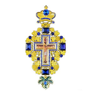 HT Orthodoxe Christelijke Kruis Hanger Verguld Liturgische Sieraden met Rood Blauw Kristal en Emaille Gesneden Rankpatroon - Product Image 1