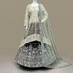 Lehenga Choli de Terciopelo Verde Bordado para Mujer con Dupatta de Red, Traje Tradicional de Boda de India y Pakistán, Largo hasta el Suelo, Corte Regular - Product Image 1