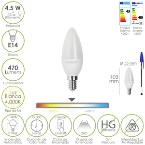 Lampadina LED a Candela E14 Avvitabile 4,5 Watt. Equivalente a 35 Watt. 470 Lumen. Bianco Neutro (4000K). - Product Image 1