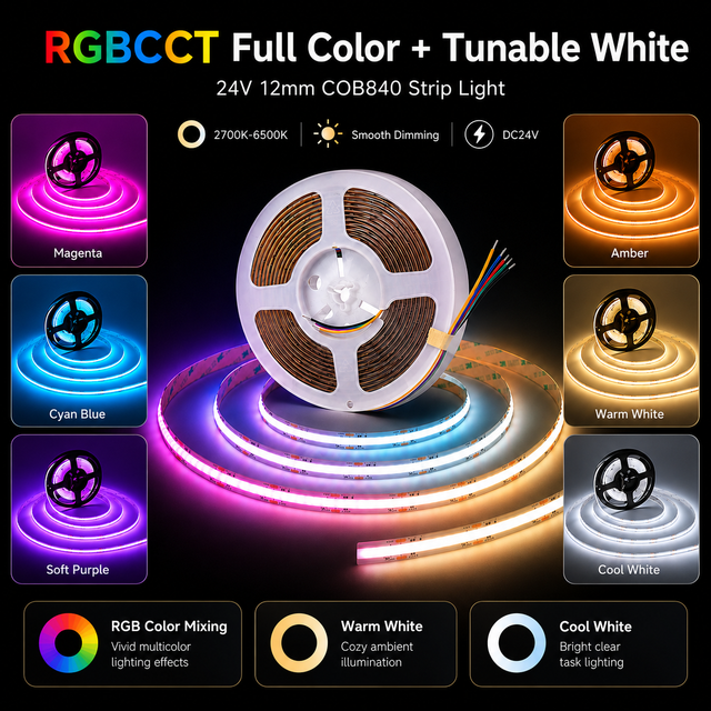 Colourful RGBWW Cob Led Strip Light 24V 840 Leds/M 12mm 21W RA90 RGBCCT for Room Led Tape Lights 3-year Warranty