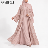 Ensemble 2 pièces pour femmes musulmanes : Kimono de luxe à sequins et pompons, Abaya Dubaï, Robe intérieure en satin, Abaya florale longue avec perles.