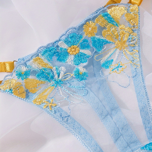 New Style <strong>Yellow</strong> and Blue Color-blocked Fresh French Sexy Comfortable Ultra-thin <strong>Bra</strong> and Lingerie Set - Product Image 4